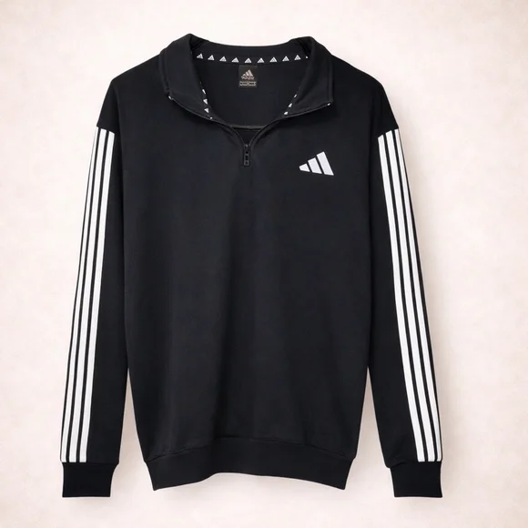 Adidas 3 Stripe Quarter Zip Pullover Black Athletic Top Mens Small - Picture 1 of 8